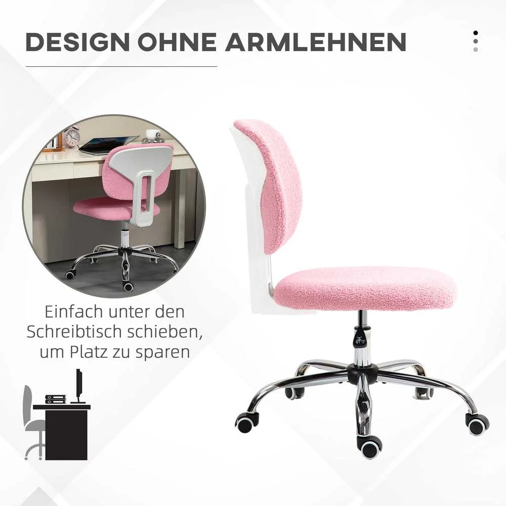 Vinsetto biuro kėdė, ergonomiška darbo kėdė, reguliuojamo aukščio kompiuterio kėdė be porankių, besisukanti kėdė, aksominė, rožinė