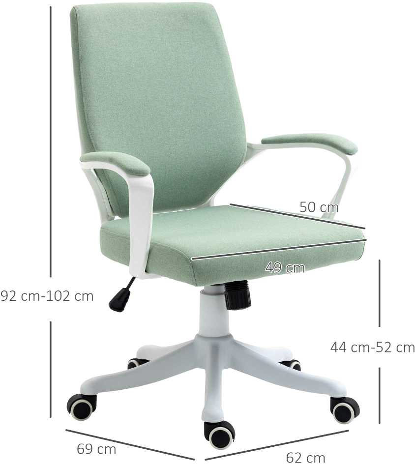 Vinsetto biuro kėdė su supimosi funkcija, ergonomiška nugaros atrama, paminkštinta sėdynė, 360° ratukai, poliesteris, žalia ir balta, 62x69x92-100 cm