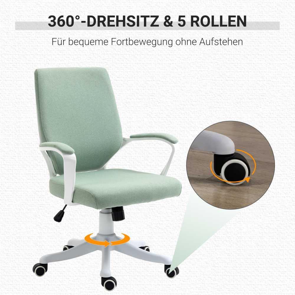 Vinsetto biuro kėdė su supimosi funkcija, ergonomiška nugaros atrama, paminkštinta sėdynė, 360° ratukai, poliesteris, žalia ir balta, 62x69x92-100 cm