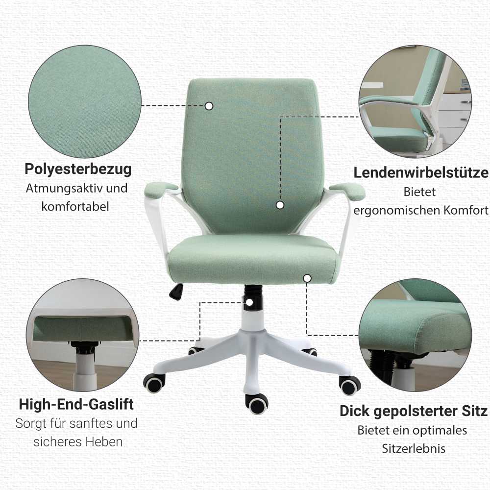 Vinsetto biuro kėdė su supimosi funkcija, ergonomiška nugaros atrama, paminkštinta sėdynė, 360° ratukai, poliesteris, žalia ir balta, 62x69x92-100 cm