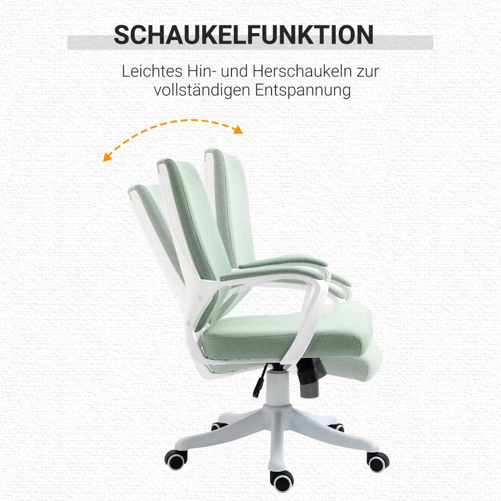 Vinsetto biuro kėdė su supimosi funkcija, ergonomiška nugaros atrama, paminkštinta sėdynė, 360° ratukai, poliesteris, žalia ir balta, 62x69x92-100 cm