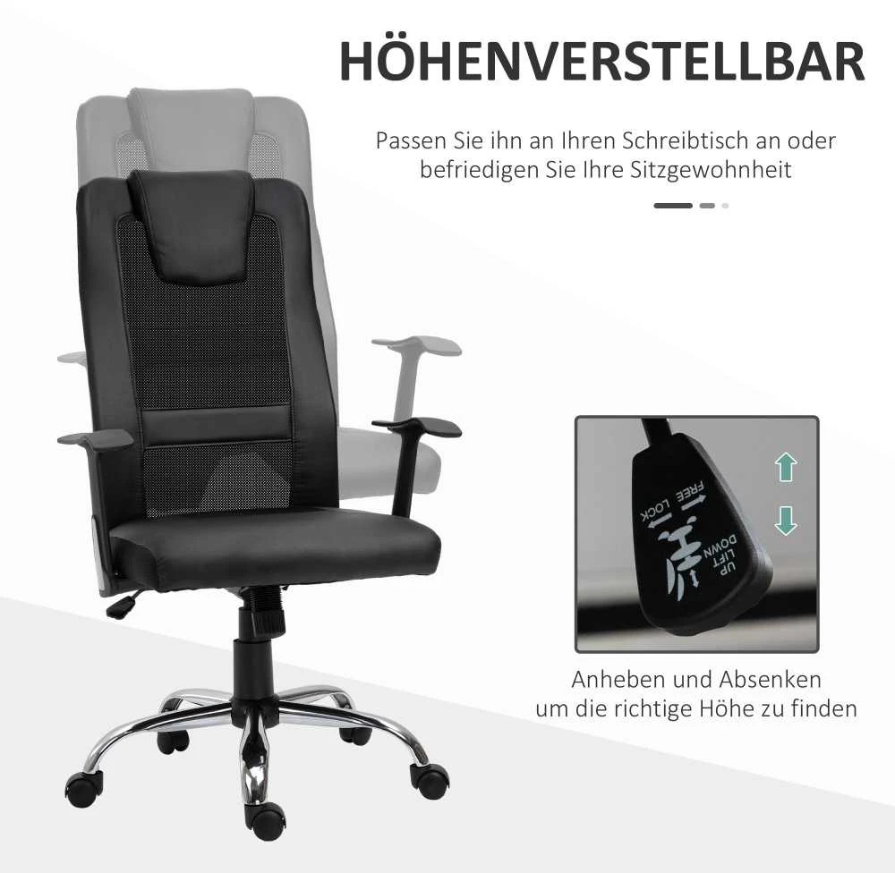 Vinsetto biuro kėdė, ergonomiška sukama kėdė, reguliuojamo aukščio, dirbtinė oda (PU), juoda, 66x73x108-118 cm