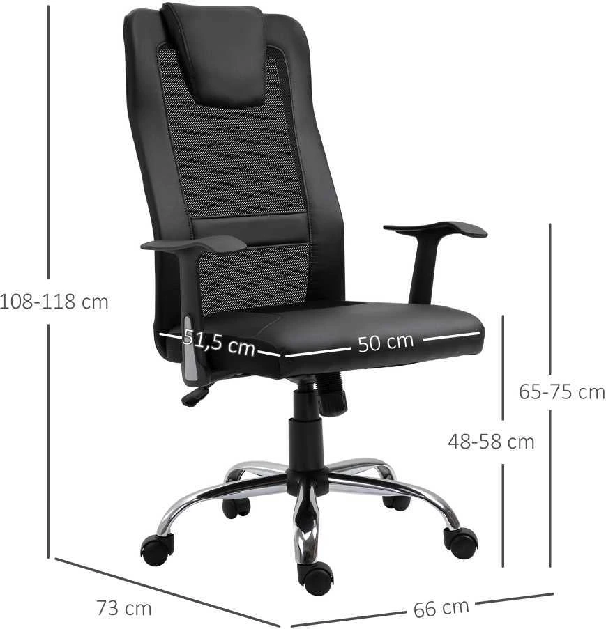 Vinsetto biuro kėdė, ergonomiška sukama kėdė, reguliuojamo aukščio, dirbtinė oda (PU), juoda, 66x73x108-118 cm