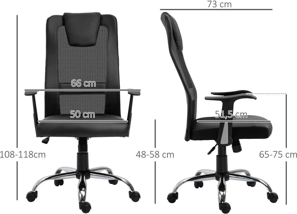 Vinsetto biuro kėdė, ergonomiška sukama kėdė, reguliuojamo aukščio, dirbtinė oda (PU), juoda, 66x73x108-118 cm