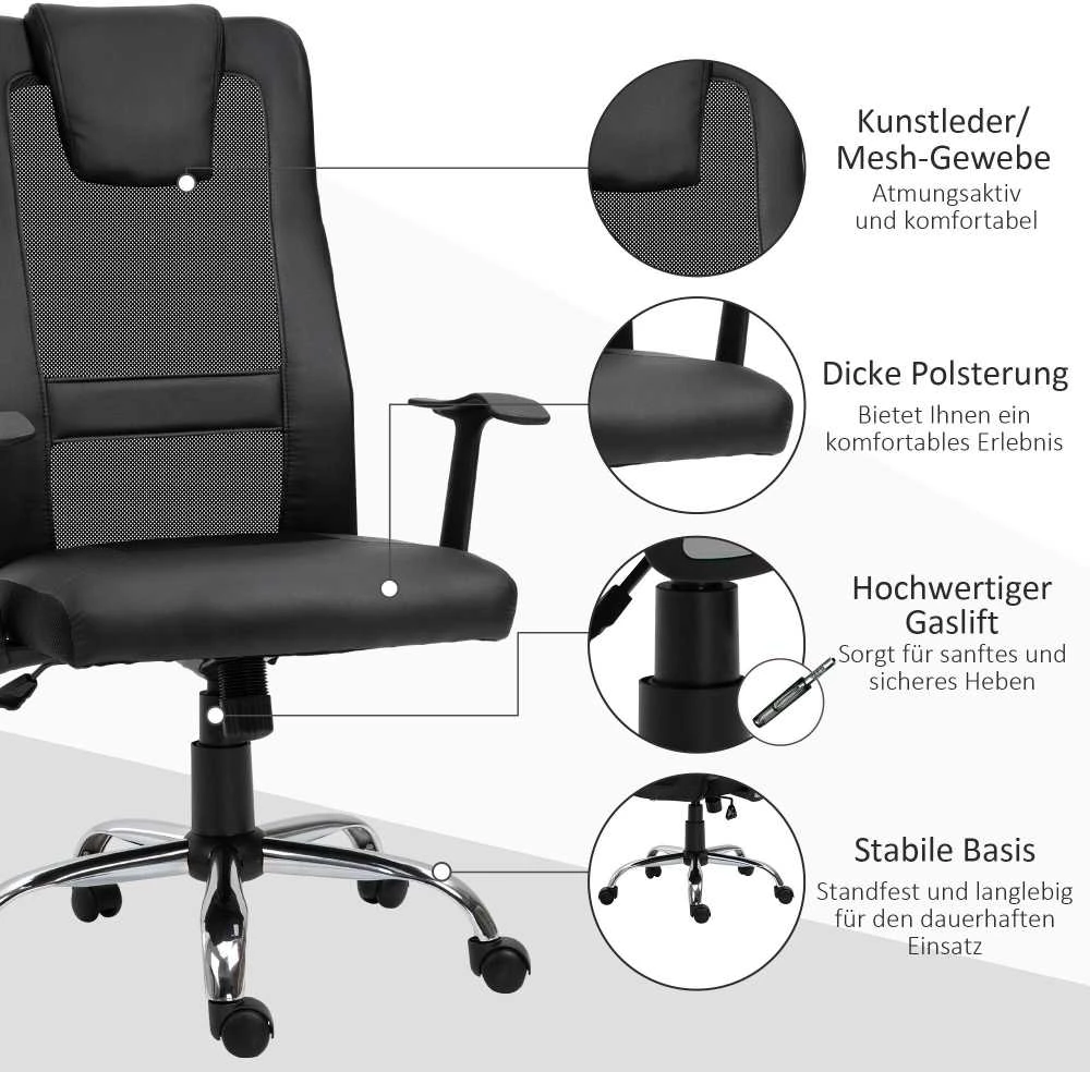 Vinsetto biuro kėdė, ergonomiška sukama kėdė, reguliuojamo aukščio, dirbtinė oda (PU), juoda, 66x73x108-118 cm