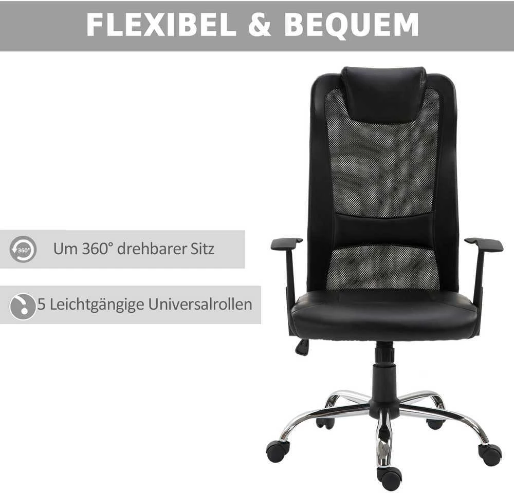 Vinsetto biuro kėdė, ergonomiška sukama kėdė, reguliuojamo aukščio, dirbtinė oda (PU), juoda, 66x73x108-118 cm