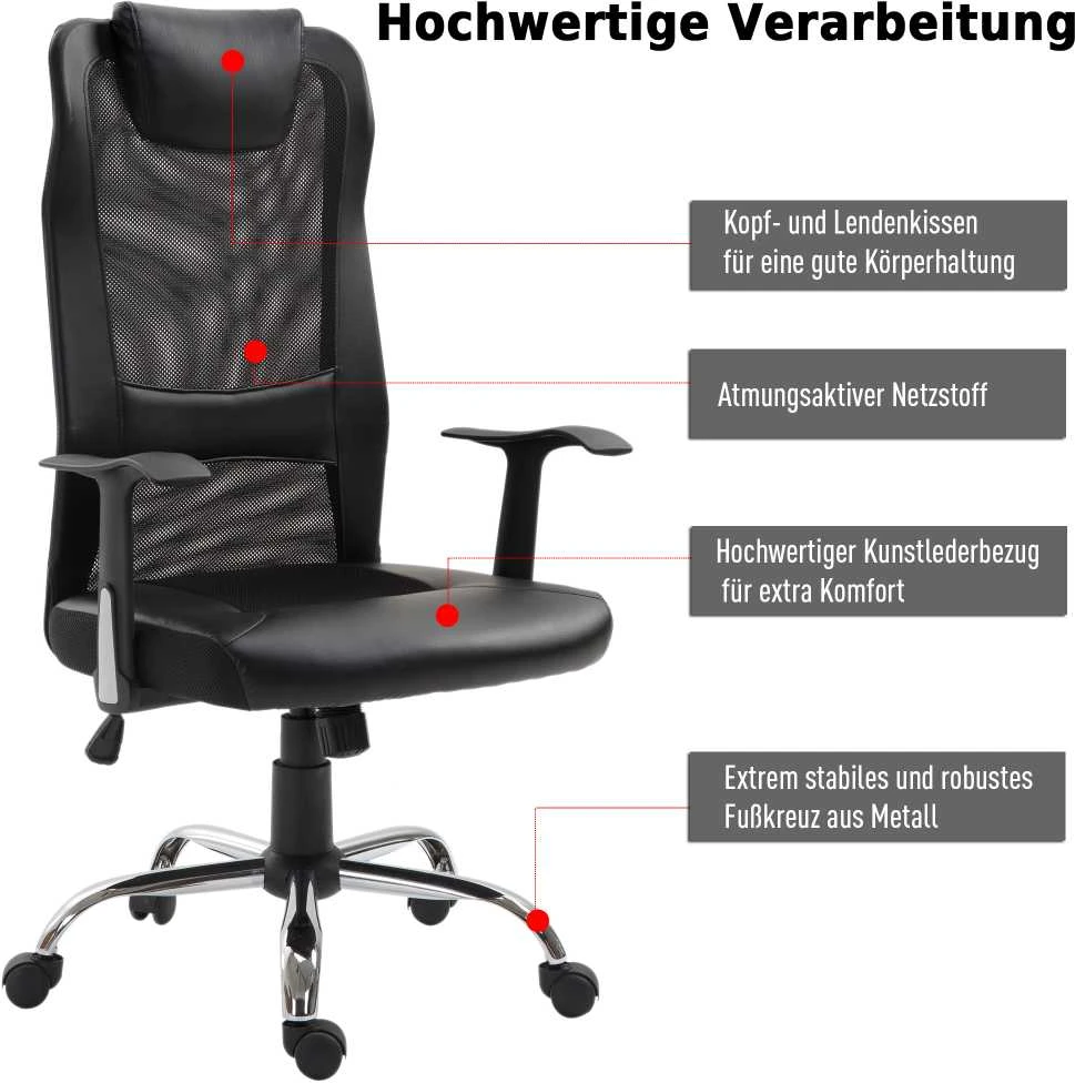 Vinsetto biuro kėdė, ergonomiška sukama kėdė, reguliuojamo aukščio, dirbtinė oda (PU), juoda, 66x73x108-118 cm
