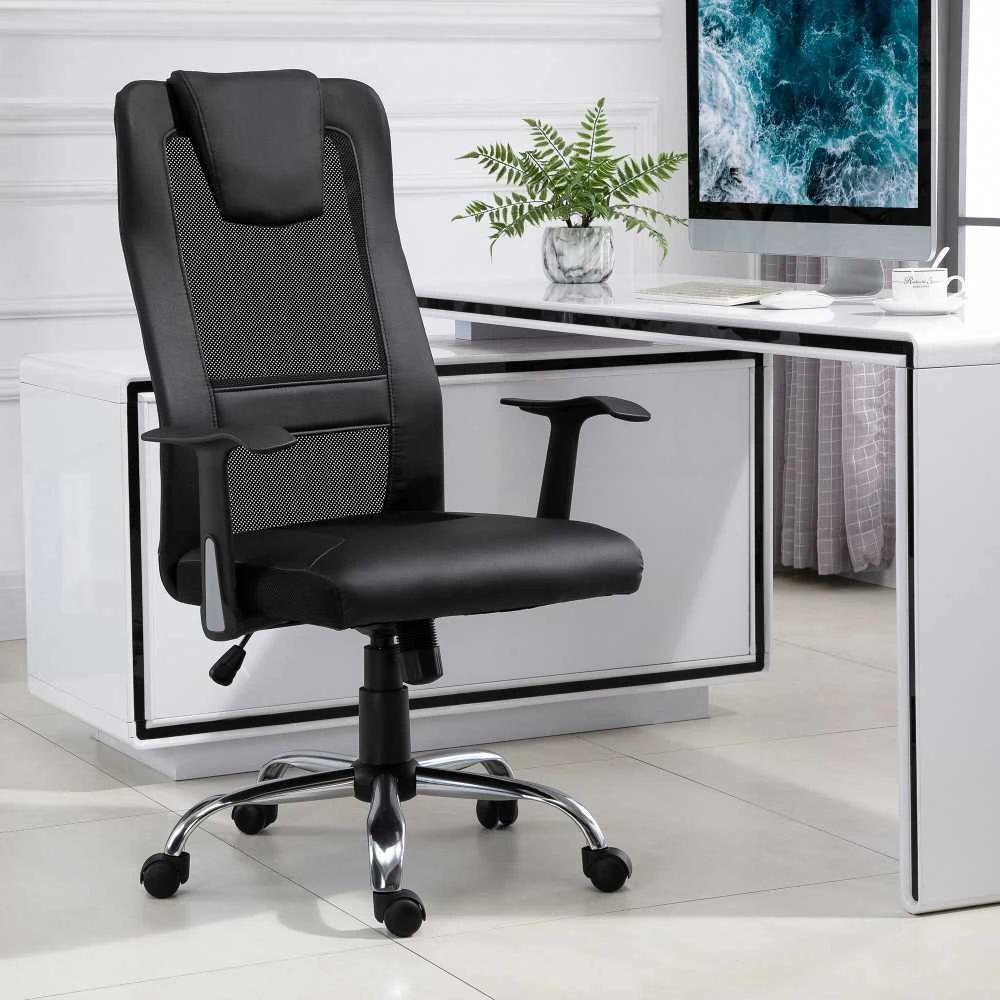 Vinsetto biuro kėdė, ergonomiška sukama kėdė, reguliuojamo aukščio, dirbtinė oda (PU), juoda, 66x73x108-118 cm
