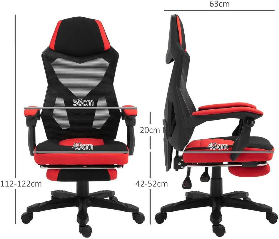 Vinsetto žaidimų kėdė, darbo kėdė, ergonomiška biuro kėdė su kojų atrama, reguliuojamo aukščio, poliesteris, juoda+raudona, 58 x 72 x 112–122 cm