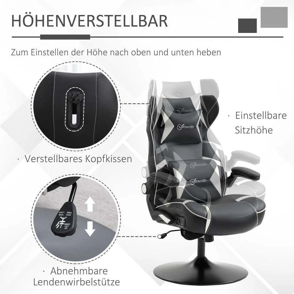 Vinsetto žaidimų kėdė su supimosi funkcija, reguliuojamo aukščio biuro kėdė, ergonomiška kompiuterio kėdė su garsiakalbiu, juosmens ir kaklo atrama, dirbtinė oda