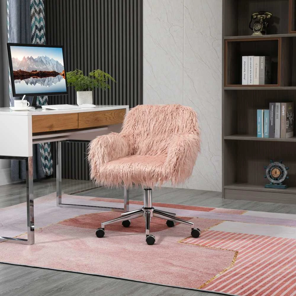 Vinsetto darbo kėdė su dirbtinio kailio apmušalais, reguliuojamo aukščio kompiuterio kėdė, rožinė ir sidabrinė, 57 x 60 x 75–85 cm