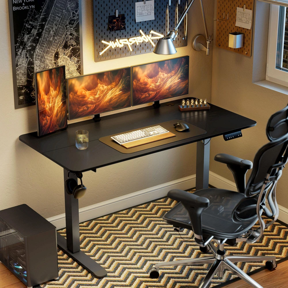 Vinsetto reguliuojamo aukščio rašomasis stalas 140 x 70 cm, elektrinis kompiuterio stalas su 4 atminties nustatymais, ergonomiškas sėdimas ir stovimas stalas su kabliu, apsauga nuo susidūrimo, juodas