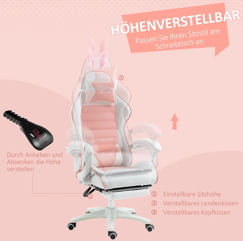 Vinsetto žaidimų kėdė, ergonomiška žaidėjo kėdė su juosmens atrama, kojų atrama, žaidimų fotelis su zuikio ausimis, galvos pagalve, reguliuojamo aukščio biuro kėdė su reguliuojama atlošimo funkcija, rožinė