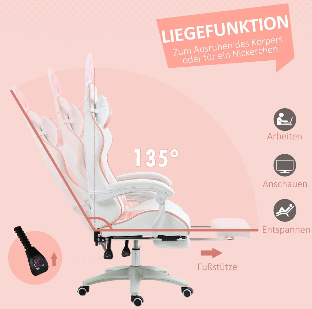 Vinsetto žaidimų kėdė, ergonomiška žaidėjo kėdė su juosmens atrama, kojų atrama, žaidimų fotelis su zuikio ausimis, galvos pagalve, reguliuojamo aukščio biuro kėdė su reguliuojama atlošimo funkcija, rožinė