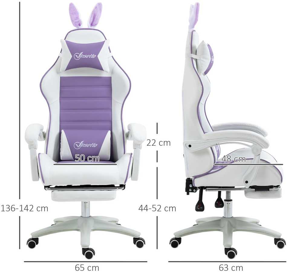 Vinsetto žaidimų kėdė, ergonomiška žaidėjų kėdė su juosmens atrama, kojų atrama, žaidimų fotelis su zuikučio ausimis, galvos pagalvėle, biuro kėdė su reguliuojamu atlošu, violetinė