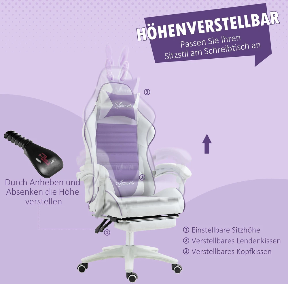 Vinsetto žaidimų kėdė, ergonomiška žaidėjų kėdė su juosmens atrama, kojų atrama, žaidimų fotelis su zuikučio ausimis, galvos pagalvėle, biuro kėdė su reguliuojamu atlošu, violetinė