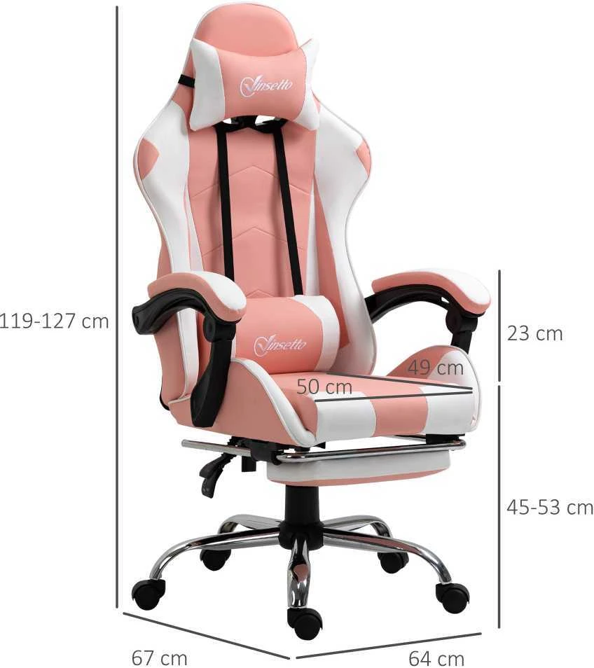 Vinsetto žaidimų kėdė kompiuterio kėdė ergonomiška biuro kėdė su galvos atrama juosmens pagalvėle reguliuojamo aukščio 360° besisukanti rožinė+balta