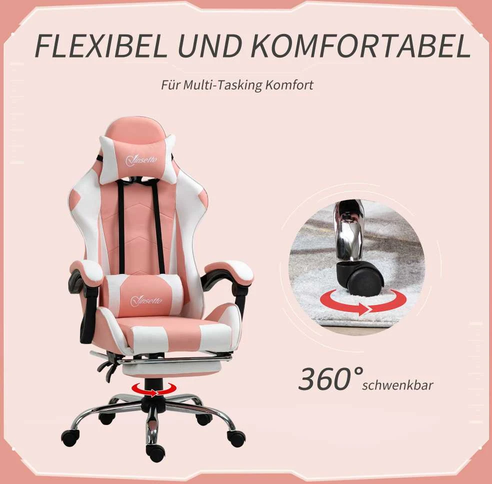 Vinsetto žaidimų kėdė kompiuterio kėdė ergonomiška biuro kėdė su galvos atrama juosmens pagalvėle reguliuojamo aukščio 360° besisukanti rožinė+balta