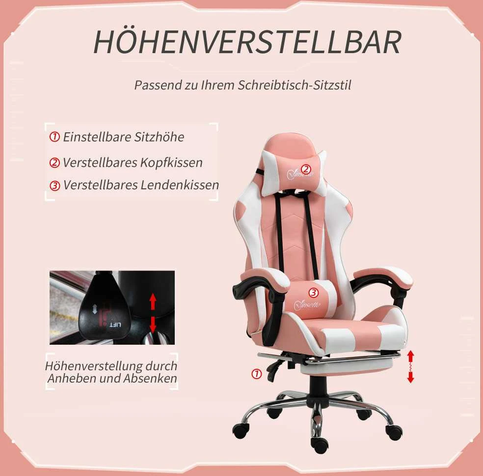 Vinsetto žaidimų kėdė kompiuterio kėdė ergonomiška biuro kėdė su galvos atrama juosmens pagalvėle reguliuojamo aukščio 360° besisukanti rožinė+balta