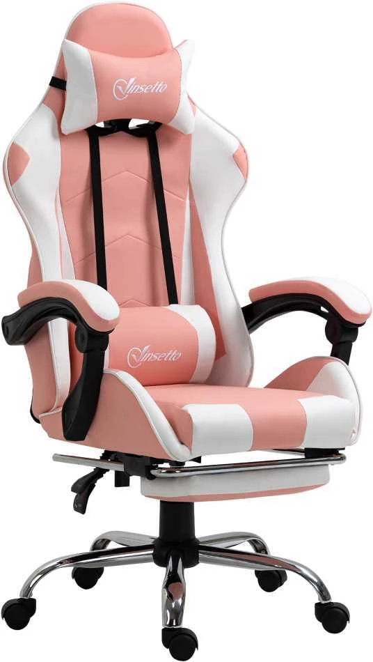 Vinsetto žaidimų kėdė kompiuterio kėdė ergonomiška biuro kėdė su galvos atrama juosmens pagalvėle reguliuojamo aukščio 360° besisukanti rožinė+balta