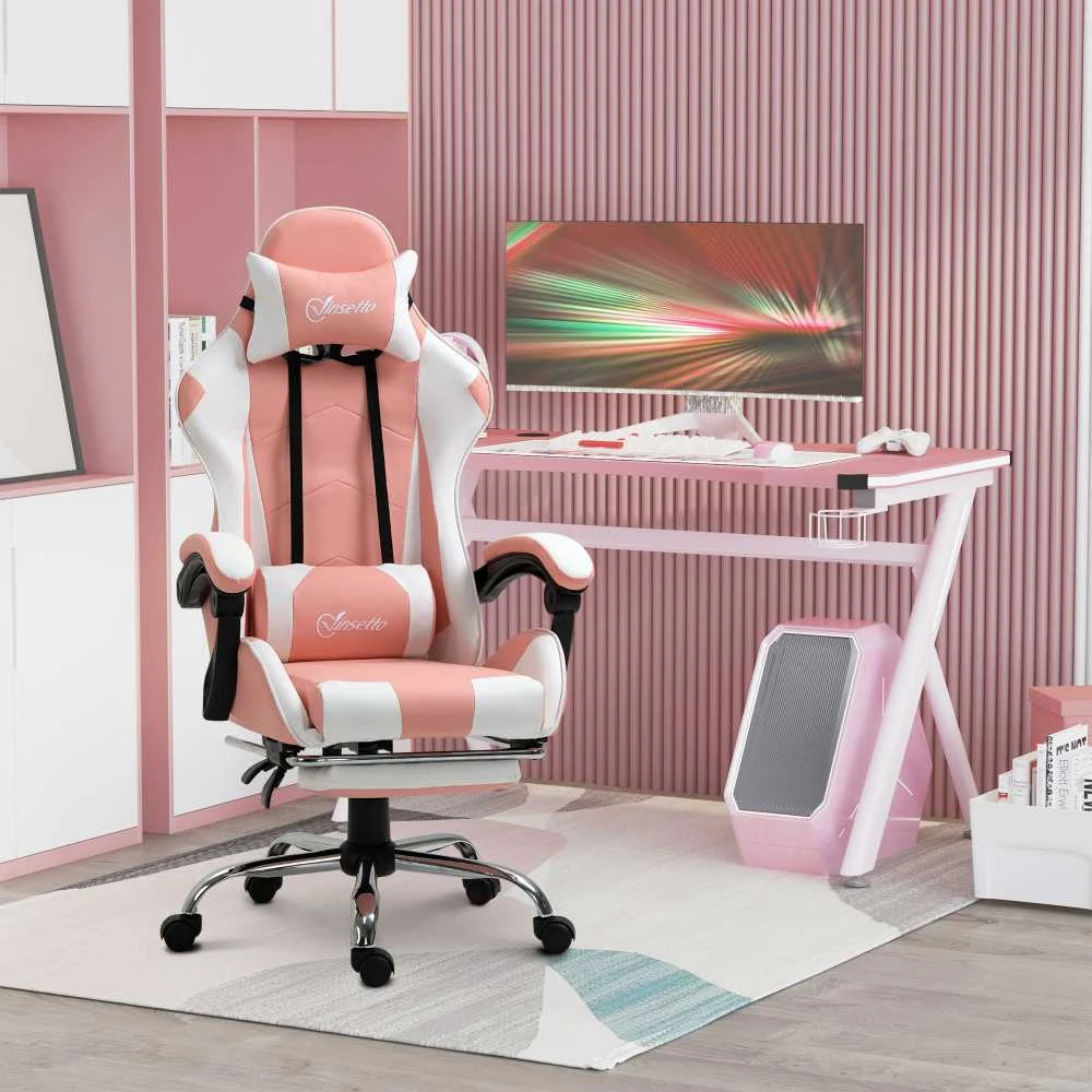 Vinsetto žaidimų kėdė kompiuterio kėdė ergonomiška biuro kėdė su galvos atrama juosmens pagalvėle reguliuojamo aukščio 360° besisukanti rožinė+balta