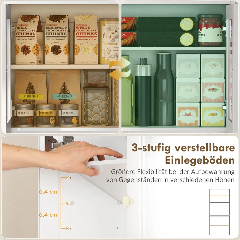 Virtuvinė spintelė su stalviršiu, vyno taurės laikikliu, sandėliukų spintelė virtuvei, valgomajam, 170 cm, MDF, stiklas, balta