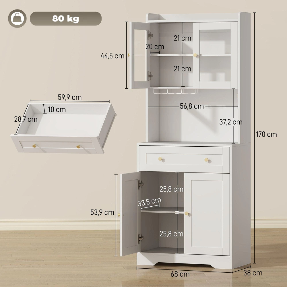 Virtuvinė spintelė su stalviršiu, vyno taurės laikikliu, sandėliukų spintelė virtuvei, valgomajam, 170 cm, MDF, stiklas, balta