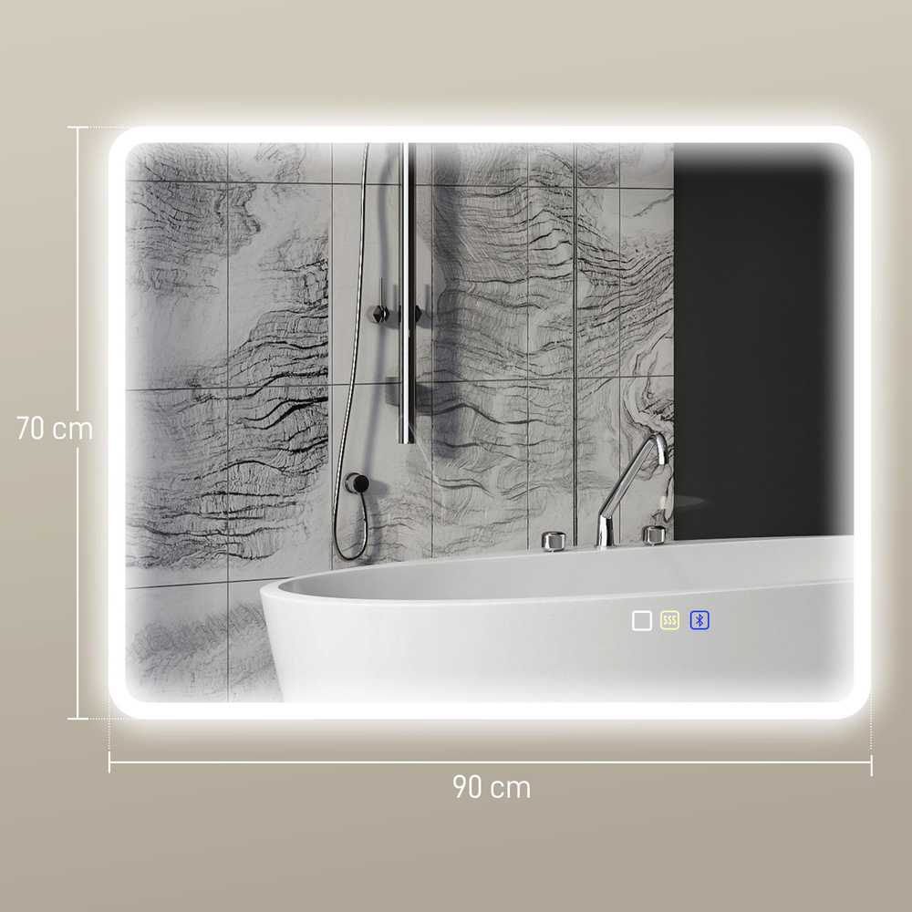 Vonios veidrodis LED Bluetooth 70 x 90 cm, jutiklinis valdymas, reguliuojamas šviesos atspalvis, apsauga nuo rasojimo, sidabrinis