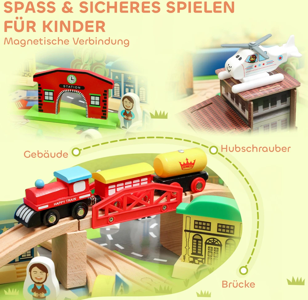 Žaidimų stalas, 108 dalių medinis traukinuko rinkinys, su nuimamu stalviršiu, traukinių stalas, 98x60,5x40 cm, mėlynas