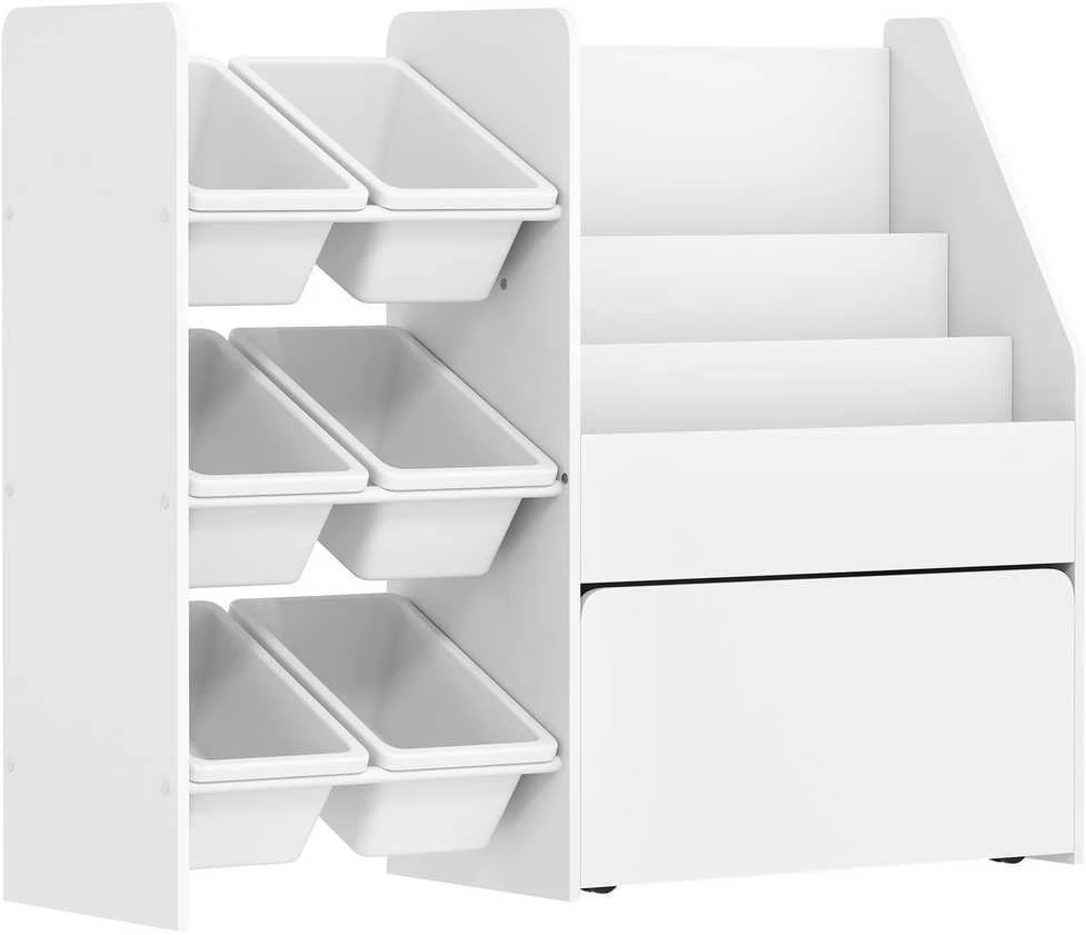 Žaislų lentyna, vaiko kambario lentyna su 6 dėžėmis, knygų lentyna, su ratukais, 100 x 30 x 80 cm, MDF, plienas, balta