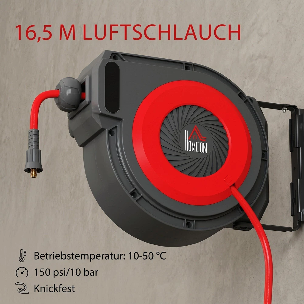 Žarnos ritė su įtraukimo mechanizmu, 16,5 m ilgio žarna, montuojama ant sienos, raudona ir juoda