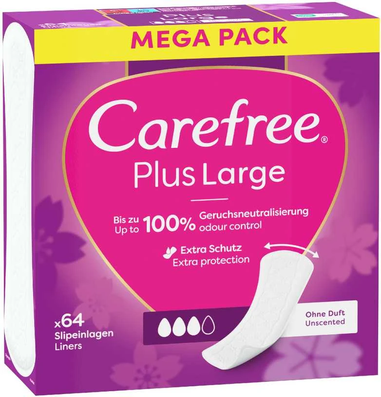 CAREFREE_Plus dideli lengvai kvepiantys įklotai, 64 vnt.