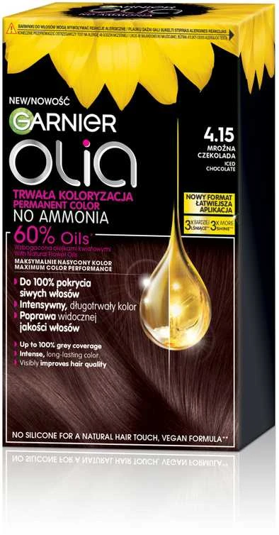 Garnier Olia 4.15 plaukų dažų dėžutė su aliejaus lašu