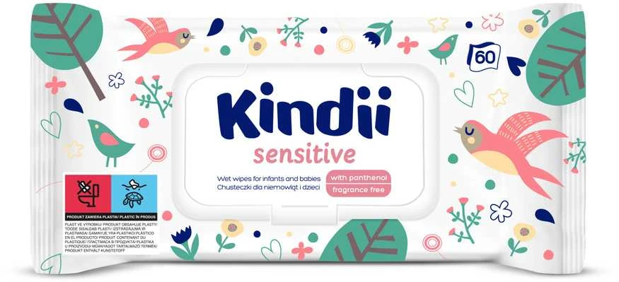 KINDII jautrios valomosios servetėlės vaikams ir mažiems vaikams 1 pakuotė - 60 vnt