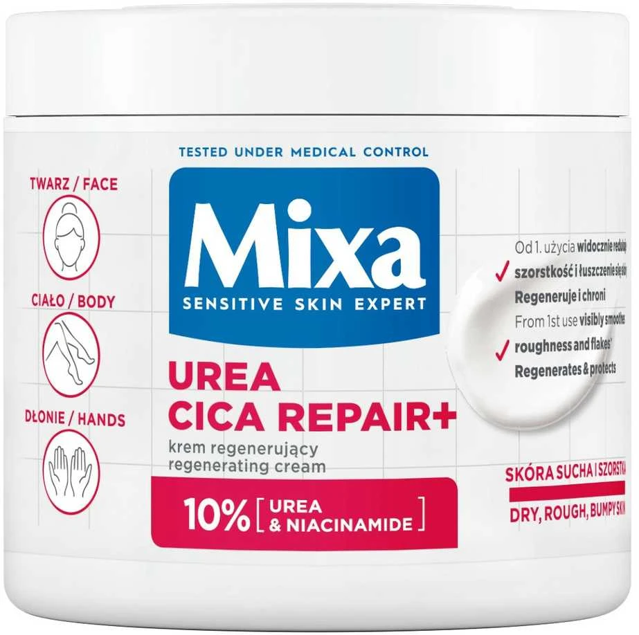 MIXA Urea Cica Repair+ Regenerating Kreminis regeneruojantis veido ir kūno kremas sausai ir šiurkščiai odai, 400 ml