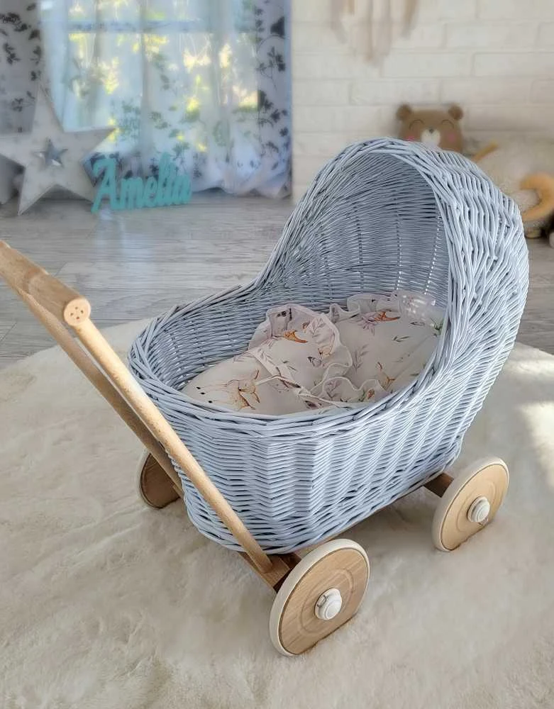 My Sweet Baby Lėlių vežimėlis pintas mėlynas su medinėmis detalėmis Wicker