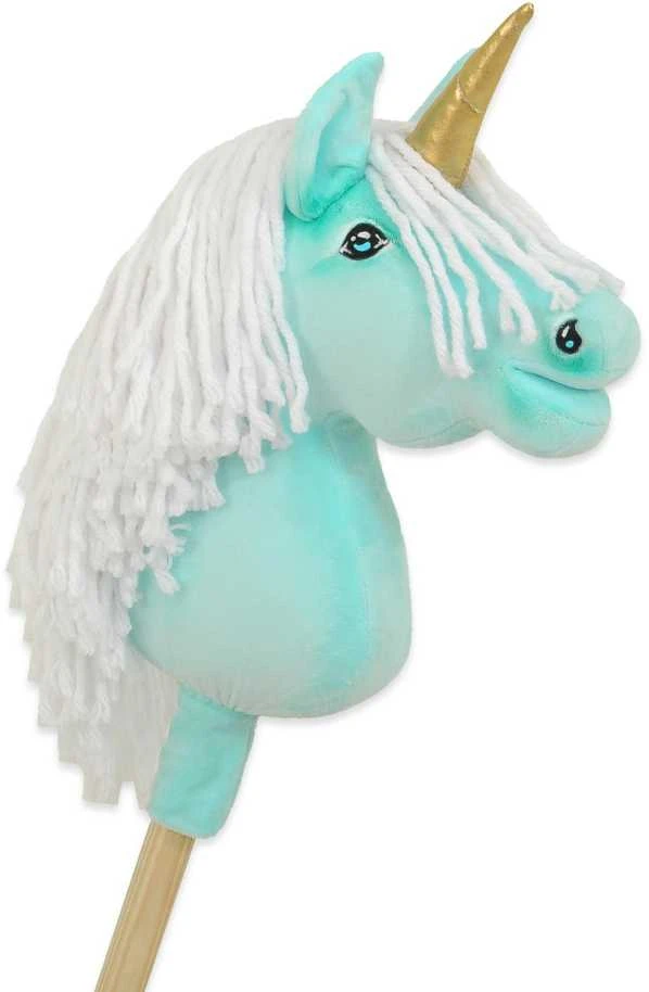 Super Hobby Horse Vienaragis Hobby Horse su lazda mėtų spalvos su balta karčiais ir auksiniu ragu
