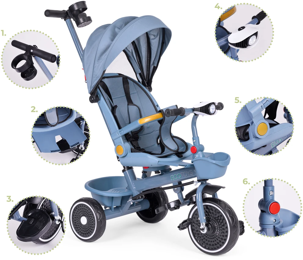 Triratukas 2in1 vežimėlis su pasukama sėdyne, sulankstomas su stogeliu, mėlynas - ECOTOYS