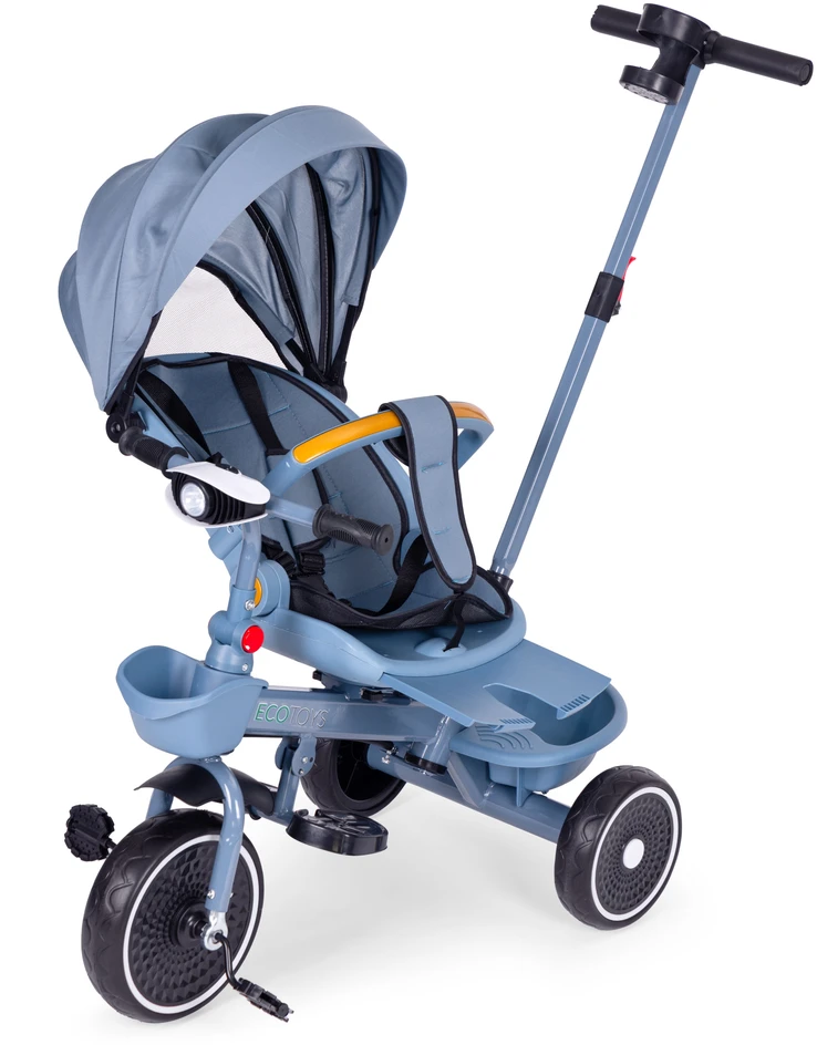 Triratukas 2in1 vežimėlis su pasukama sėdyne, sulankstomas su stogeliu, mėlynas - ECOTOYS