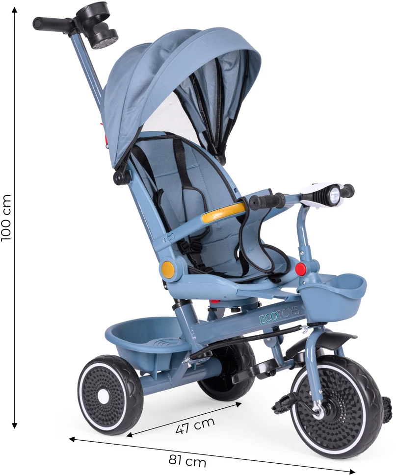 Triratukas 2in1 vežimėlis su pasukama sėdyne, sulankstomas su stogeliu, mėlynas - ECOTOYS