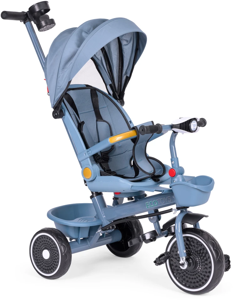 Triratukas 2in1 vežimėlis su pasukama sėdyne, sulankstomas su stogeliu, mėlynas - ECOTOYS