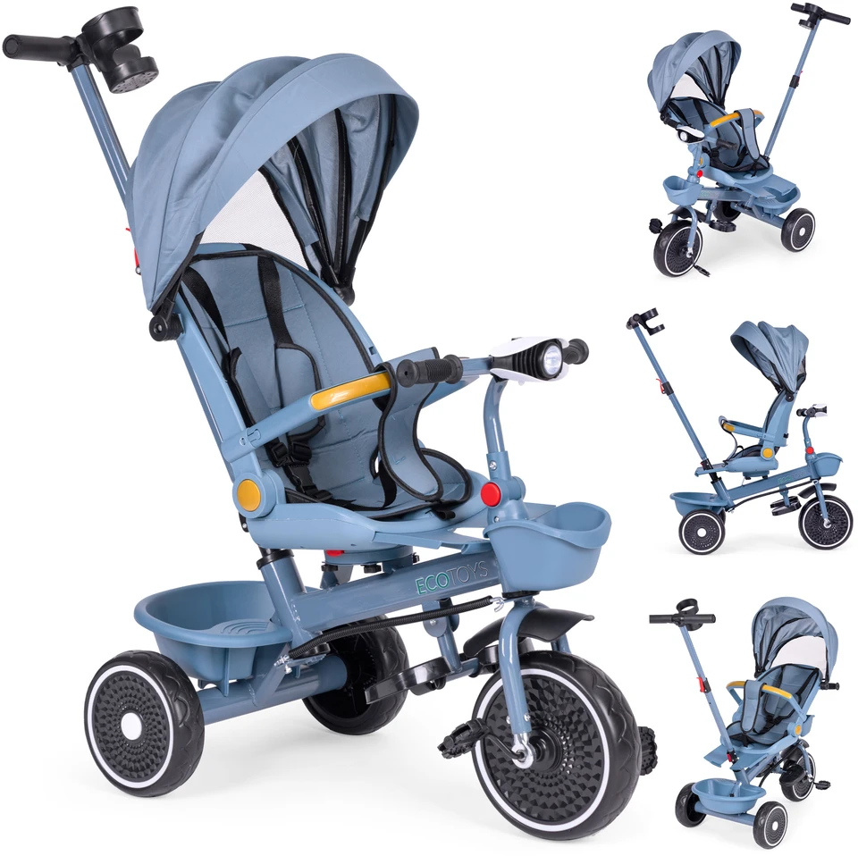 Triratukas 2in1 vežimėlis su pasukama sėdyne, sulankstomas su stogeliu, mėlynas - ECOTOYS