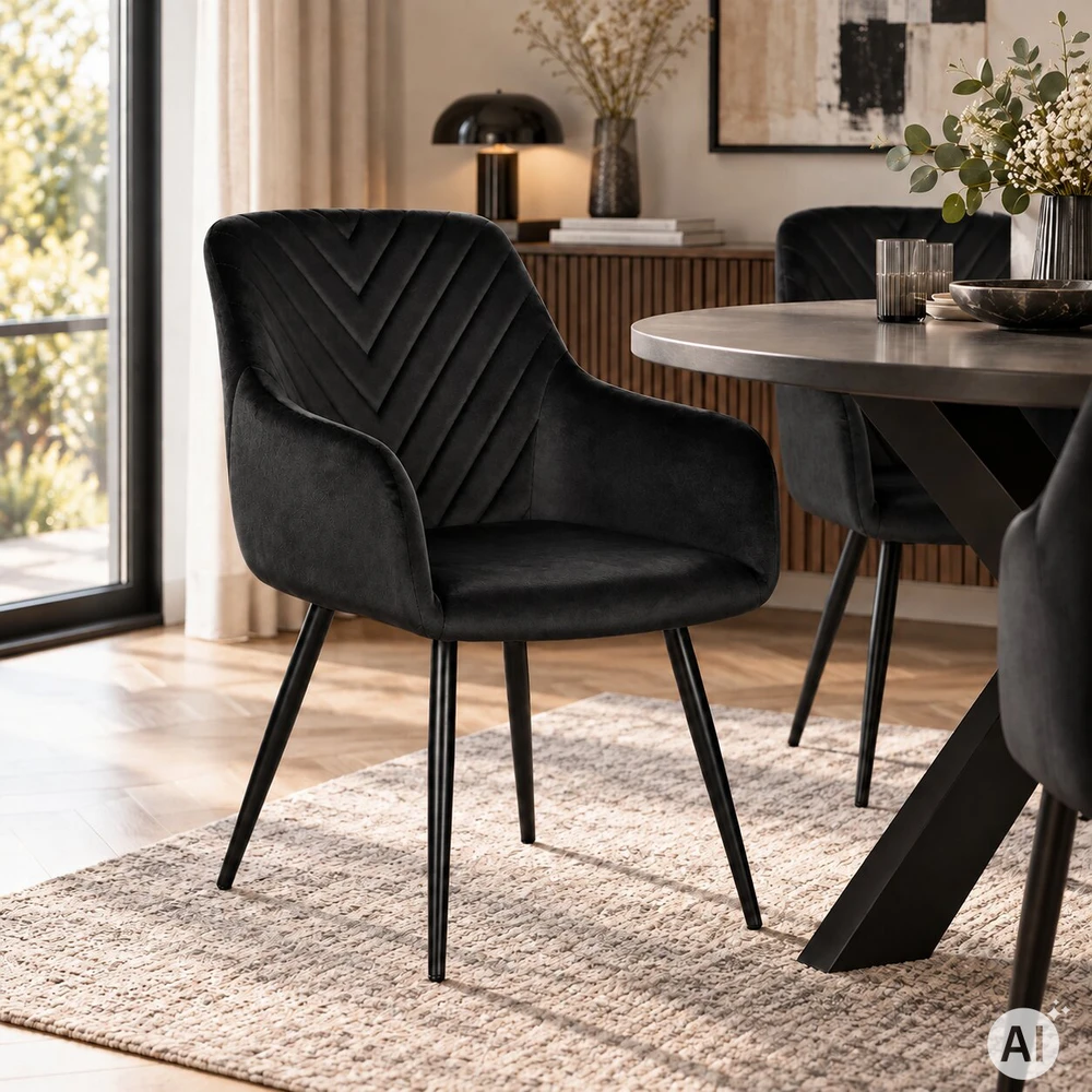 2 minkštų aksominių modernių kėdžių komplektas valgomajam ir svetainei, juodos spalvos, ModernHome