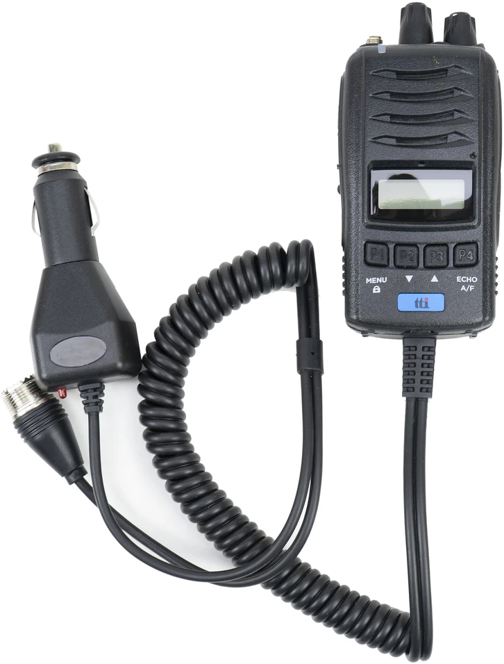 2 nešiojamų CB radijo stotelių komplektas TTi TCB-H100, 12V/24V maitinimo šaltinis, Roger Beep, triukšmo slopinimas (Squelch)