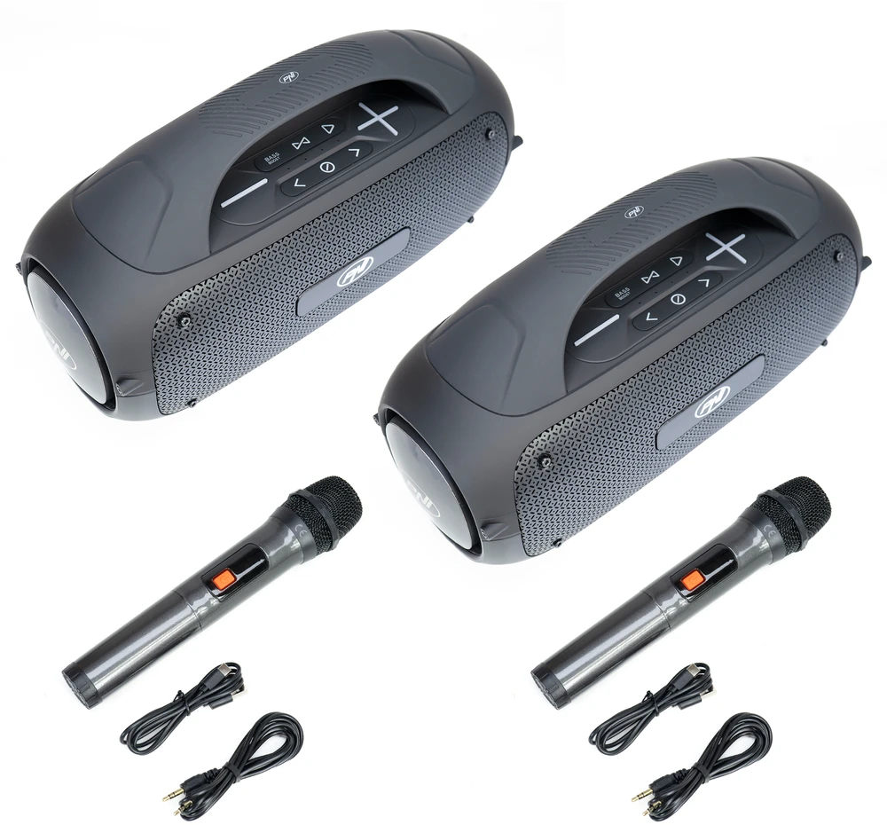 2 nešiojamų garsiakalbių rinkinys PNI FunBox BT600, susiejimas per Bluetooth su stereofoninio garso funkcija, 65W, IPX4