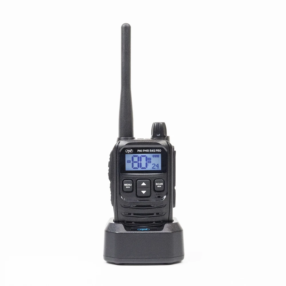 2 nešiojamų radijo stotelių rinkinys PNI PMR R45 PRO 446MHz, 0.5W, 99 programuojami kanalai, 16 PMR, VOX, TOT, BCL, nuskaitymas, Roger Beep