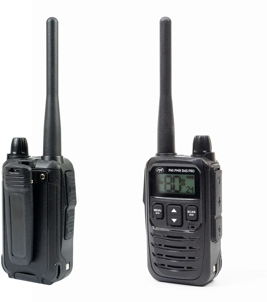 2 nešiojamų radijo stotelių rinkinys PNI PMR R45 PRO 446MHz, 0.5W, 99 programuojami kanalai, 16 PMR, VOX, TOT, BCL, nuskaitymas, Roger Beep