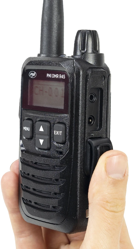 2 nešiojamų radijo stotelių rinkinys PNI DMR R45, skaitmeninis ir analoginis, 446MHz, 16 skaitmeninių kanalų ir 99 analoginiai kanalai, balso įrašymo funkcija, 2000mAh Li-Ion baterija