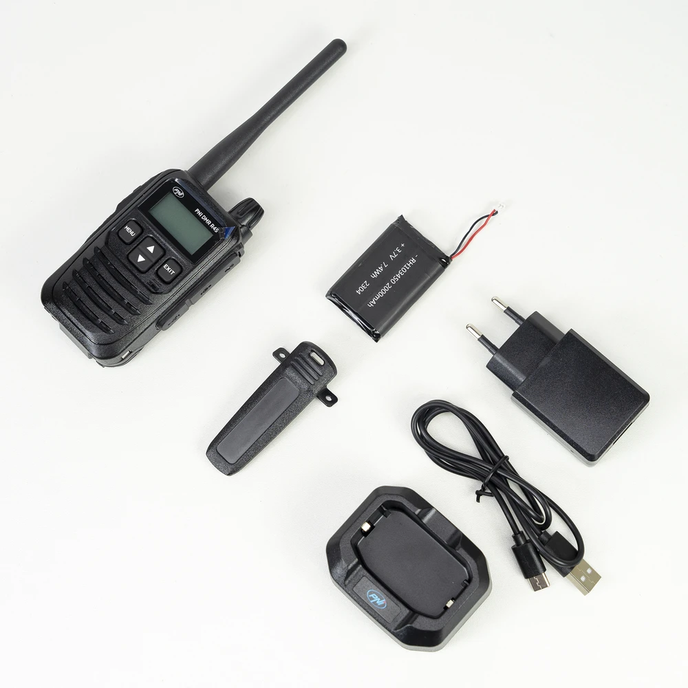 2 nešiojamų radijo stotelių rinkinys PNI DMR R45, skaitmeninis ir analoginis, 446MHz, 16 skaitmeninių kanalų ir 99 analoginiai kanalai, balso įrašymo funkcija, 2000mAh Li-Ion baterija