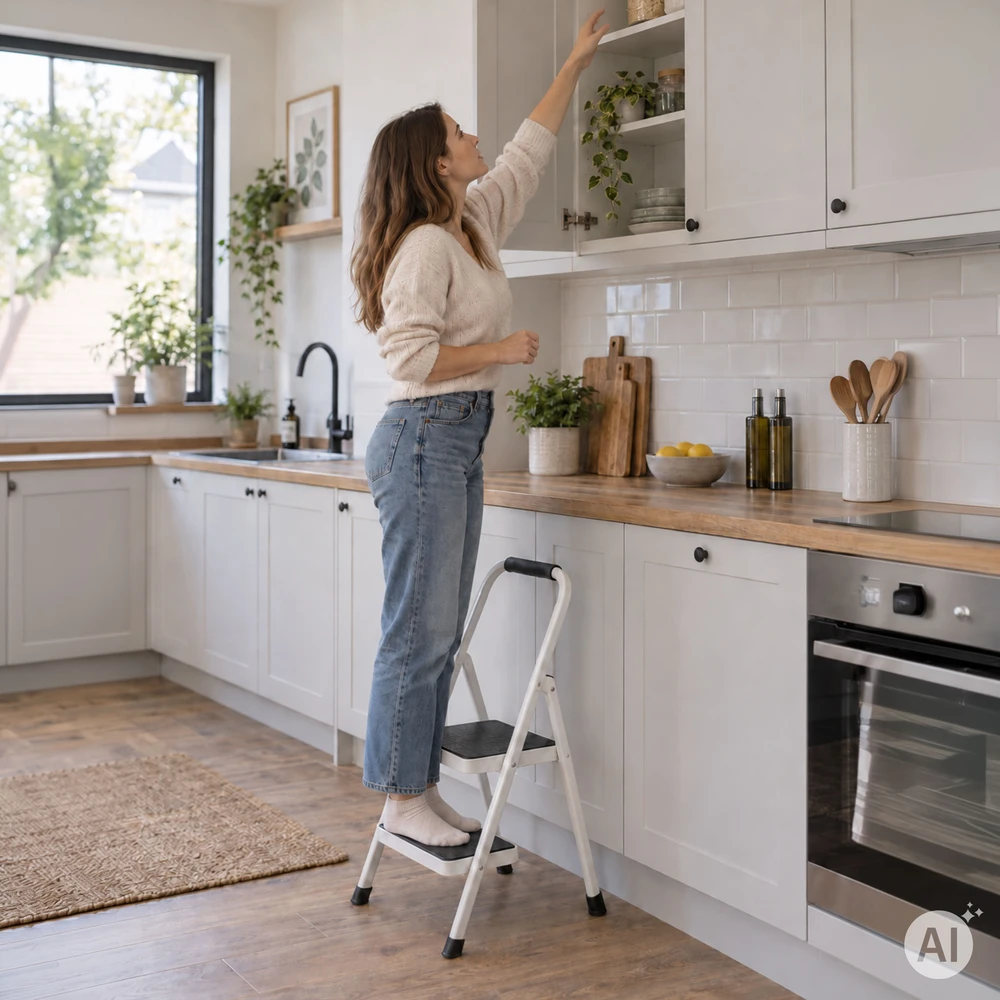 2 pakopų plieninės kopėčios, neslidžios pakopos, fiksatorius, sulankstoma konstrukcija ModernHome